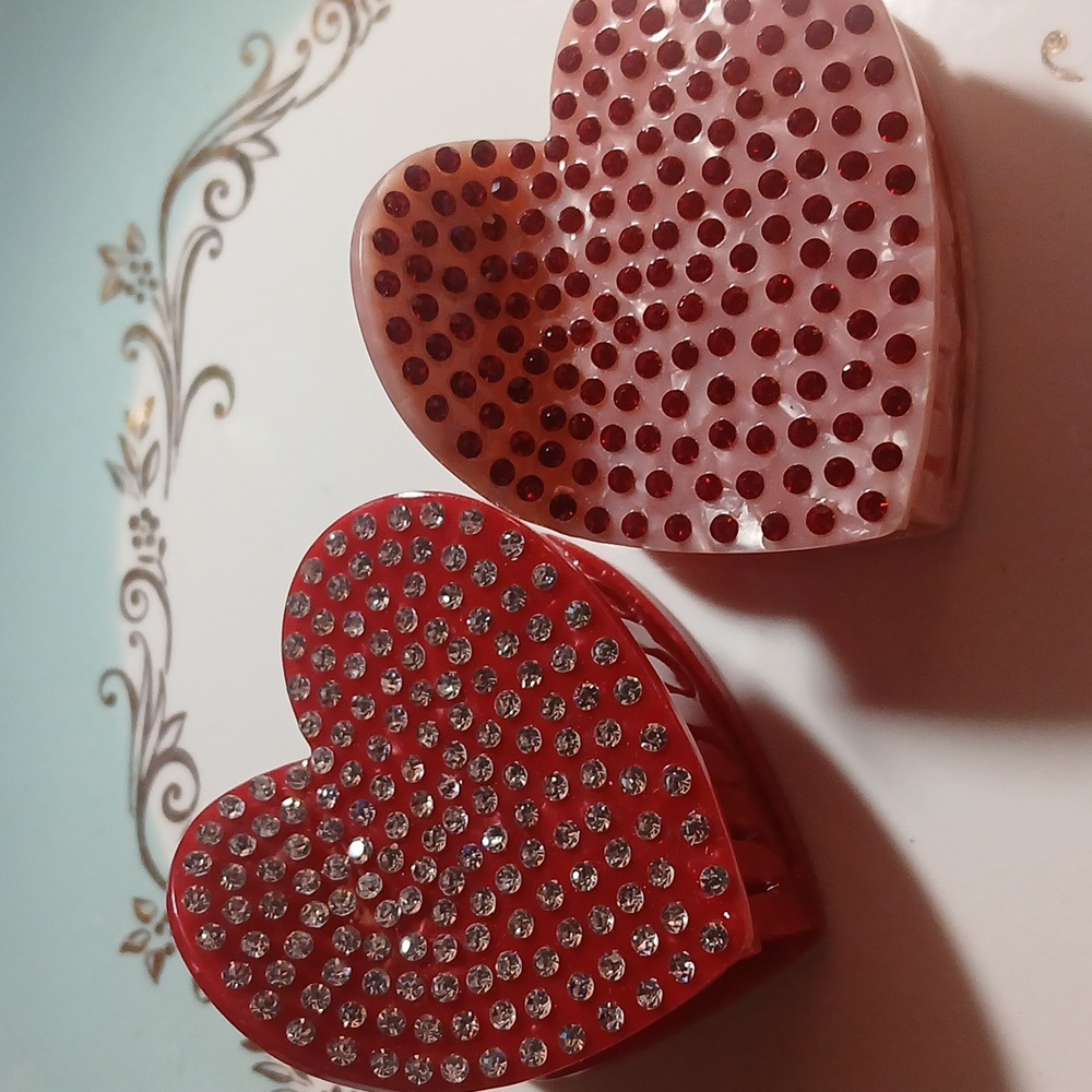 Pink and Red Rhinestone Heart Hair Clips